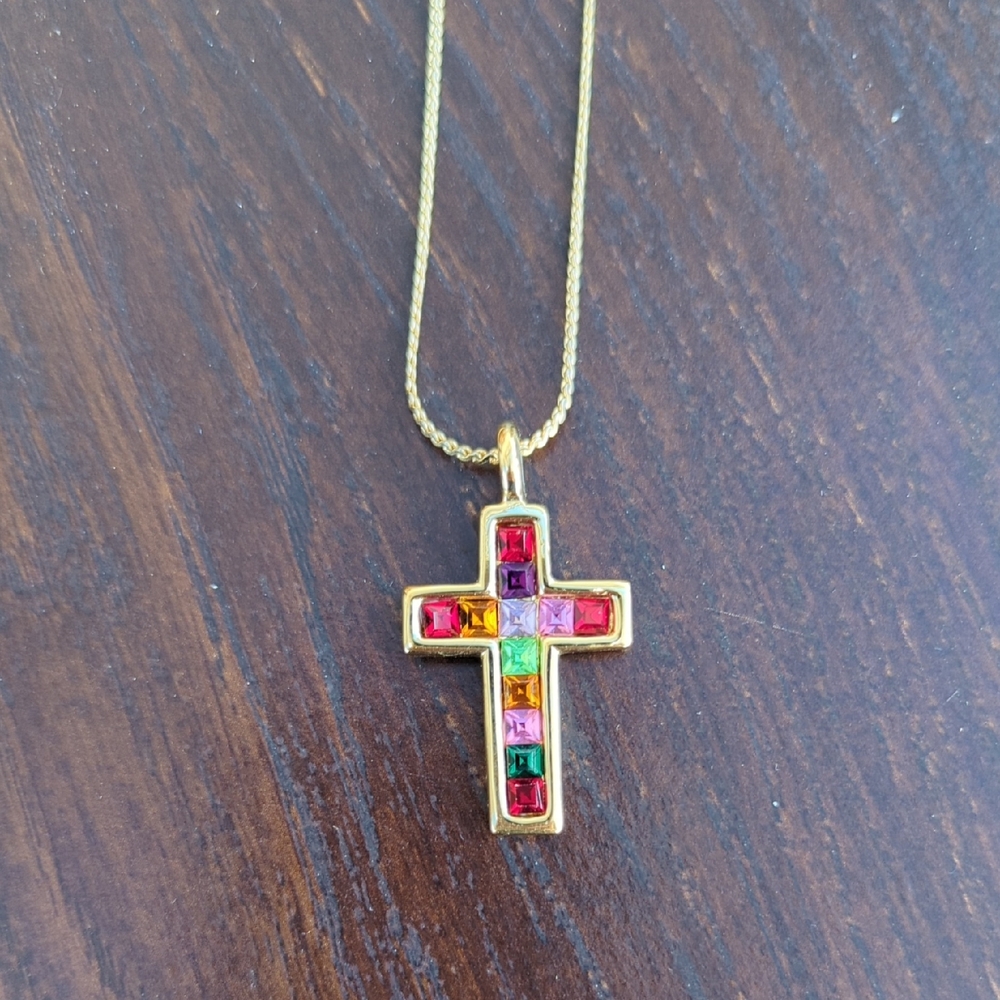 Gold Cross Pendant Necklace with Multicolor Gemstones